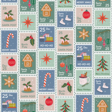 Cute Christmas postage stamps background. Vintage Xmas seamless pattern. Winter holidays print for fabric, wrapping paper, textile. Hand drawn flat design vector illustration.のイラスト素材