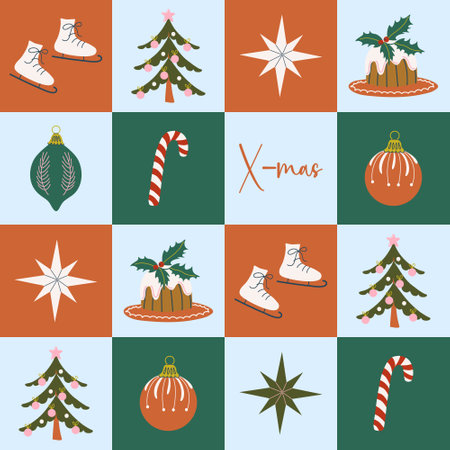 Happy holidays geometric seamless pattern. Vintage Winter holiday checkered background. Christmas poster or banner. Retro design Xmas print. Flat style hand drawn illustration.のイラスト素材