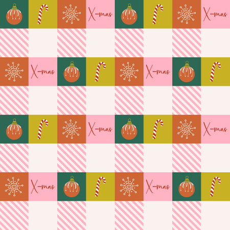 Happy holidays geometric background. Seamless pattern with cute Christmas elements on checkerboard backdrop. Square Winter holiday banner. Retro design Xmas print.のイラスト素材