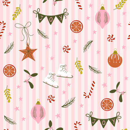 Happy holidays seamless pattern. Christmas ornament on striped retro backdrop.  Cute Xmas symbols. Hand drawn flat design vector illustration.のイラスト素材