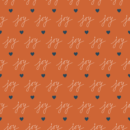 Happy holidays background. Christmas seamless pattern with heart and joy lettering. Retro style hand drawn Xmas vector illustration.のイラスト素材