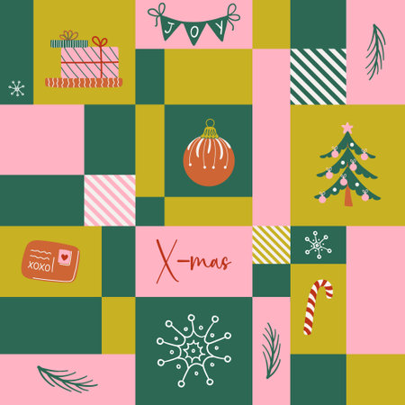Happy holidays Y2K geometric seamless pattern. Cute vintage Christmas background. Mosaic grid retro 2000s style Xmas print. Flat style vector illustration.のイラスト素材