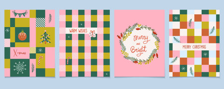 Happy holidays greeting cards. Geometric Christmas backgrounds. Set of cute colorful Winter festive...
