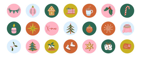 Christmas highlight covers for social media. Set of cute flat design Winter holidays illustrations. Hand drawn icons with cozy Xmas symbols. Stickers, weekly planner elements.のイラスト素材