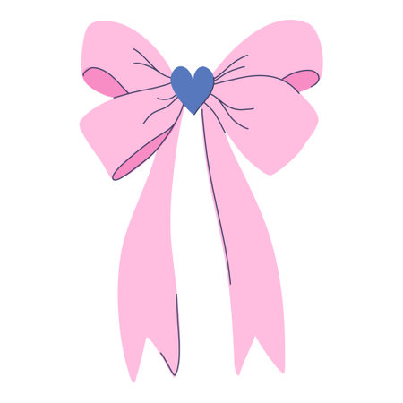A charming pink bow with a heart in the center and long flowing ribbons. Perfect for decorating gifts, accessories, or crafting projects, adding a lovely touch to any item.のイラスト素材