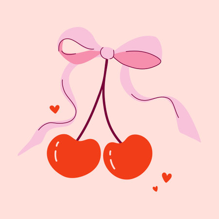 Sweet cherry duo. Two cherries with coquette bow and hearts. Retro style Happy Valentine's Day greeting card.  Cute print for poster, textile, decoration. Vector illustration.のイラスト素材