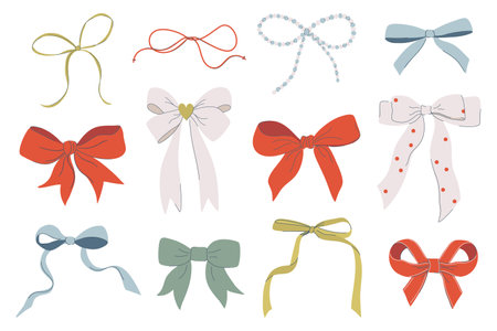 Set of colorful bows. Cute minimalistic coquette bows. Vintage ribbon elements for party decoration, gift wrapping, hairstyle, textile print. Hand drawn vector illustration.のイラスト素材