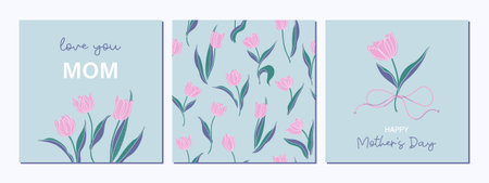 Happy Mother's Day cards set. Cute holiday prints with tulips. Modern minimalist art design with spring flowers. Hand drawn vector illustrations.のイラスト素材
