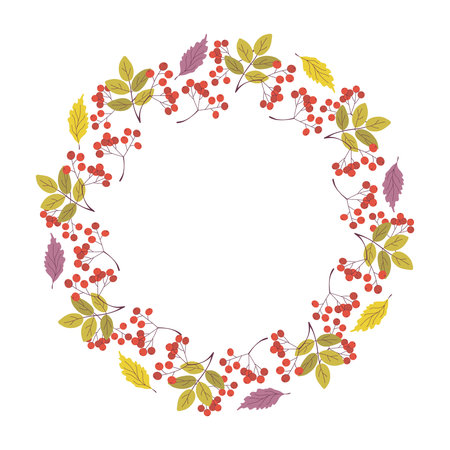 Beautiful wreath of rowan berries and falling leaves. Decorative circle Autumn plants frame. Round border for harvest festival design. Hand drawn flat style vector illustration.のイラスト素材