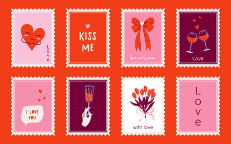 Cute Valentine's Day vertical postage stamps collection. Love theme prints for greeting card, invitation, textile. Colorful holiday posters. Hand drawn flat design vector art.のイラスト素材