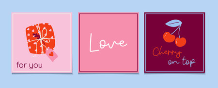 Love cards set. Romantic Valentine's Day greetings. Minimalist art design with gift box, cherries, calligraphy, perfect for wedding, bachelorette parties. Hand drawn vector art.のイラスト素材