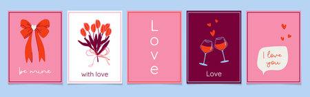 Happy Valentine's Day cards set. Romantic prints showcase messages of love. Minimalist art design with hearts, bows, calligraphy, perfect for any occasion. Hand drawn vectorのイラスト素材