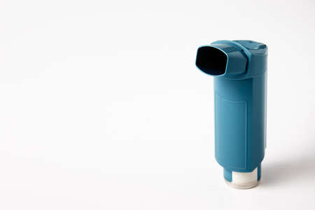 MDI Inhaler. Asthma and Allergy aerosol for people with respiratory problems. White Neutral...