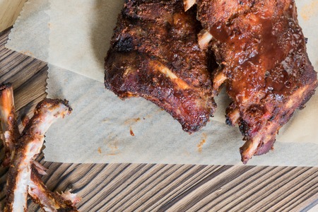 Grilled pork baby ribs with barbecue sauce - bird viewの写真素材