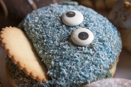 Delicious freshly baked Berliner with various toppingsの写真素材