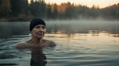 Portrait of a senior woman swimming in the lake at sunrise.の素材