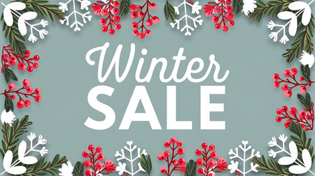 Winter sale banner with snowflakes and berries. Vector illustration.の素材