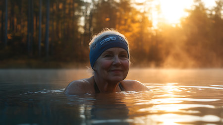 Portrait of a senior woman swimming in a lake at sunset.の素材