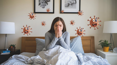 Young woman suffering from headache while sitting on bed at home. Concept of coronavirus.の素材