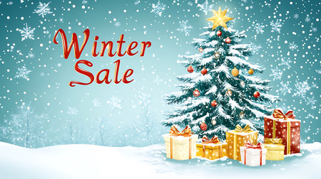 Winter sale banner with Christmas tree, gifts and snowflakes.の素材