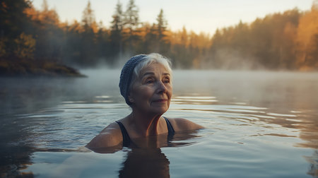 Elderly woman swimming in the lake at sunset. Concept of active senior lifestyle.の素材