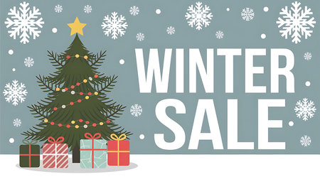 Winter sale banner with Christmas tree, gifts and snowflakes.の素材