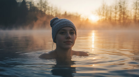 Beautiful young woman in the lake at sunrise in the winter.の素材