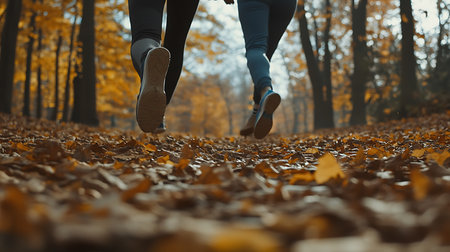 Close-up of legs of young couple running in autumn forest.の素材