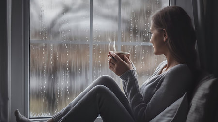 Beautiful young woman with cup of coffee sitting near window at homeの素材