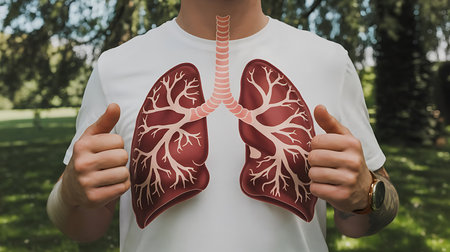 Human lungs with veins in the hands of a man in a white T-shirtの素材
