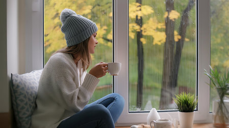 Beautiful young woman with cup of hot drink near window at homeの素材