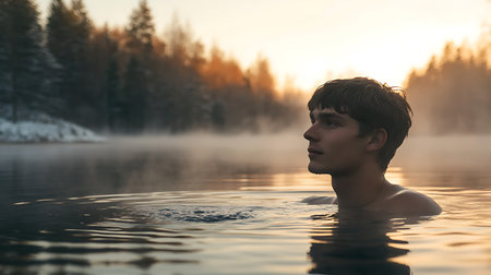 Handsome young man swimming in a lake at sunrise in the winterの素材