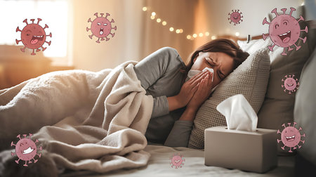Sick woman lying in bed with handkerchief against virus iconsの素材