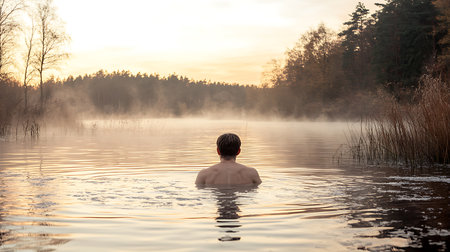 Man swimming in a lake in the morning fog at sunrise. Autumn landscape.の素材