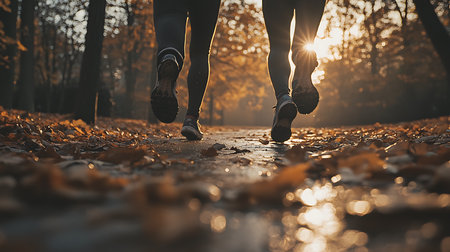 Young fitness couple running in the autumn forest. Healthy lifestyle concept.の素材