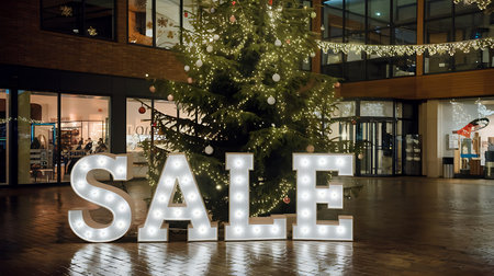 Christmas sale sign on the background of the Christmas tree in the shopping mallの素材