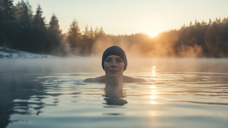 Young man swimming in a frozen lake at sunset in the winter.の素材