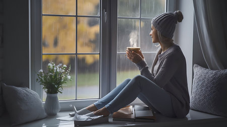 Young woman sitting on windowsill with cup of coffee and reading bookの素材