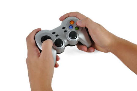 Two hand playing with remote control game in white background