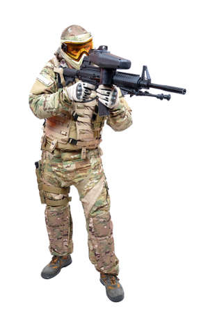 Paintball player isolated on white backgroundの写真素材