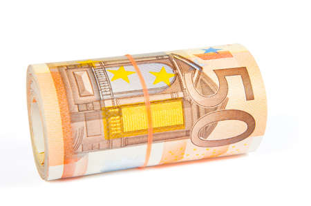 EUR 50 bills rolled up on white backgroundの写真素材