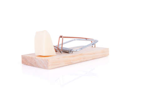 Wooden mousetrap with a piece of cheese on white backgroundの写真素材