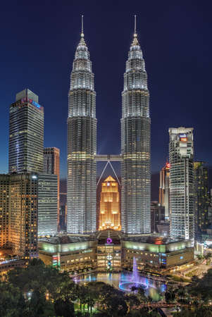 Kuala Lumpur, Malaysia; May 30 2017: Kuala lumpur skyscraper at night in Malaysia. Petronas Towers