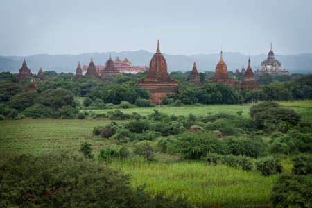 Beautiful sunrise over old pagodas of an ancient city of Bagan, Myanmarの写真素材