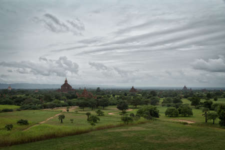 Beautiful sunrise over old pagodas of an ancient city of Bagan, Myanmarの写真素材