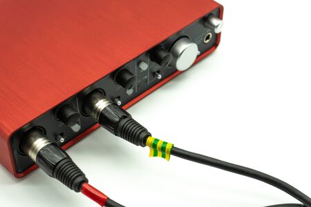USB Audio interface front panel with volume and channel mix controls, external sound card red color...