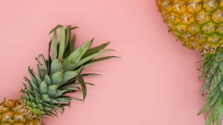 Top view of two pineapples lying isolated on a pink background. healthy food. Concept of tropical...