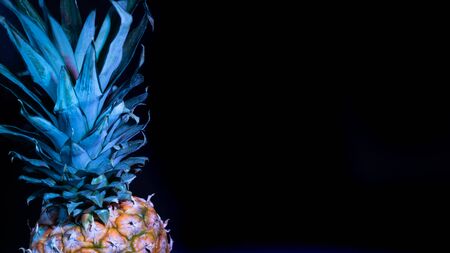 Pineapple illuminated with colored flash, isolated on a black background with space on the right. Tropical fruit concept.の写真素材
