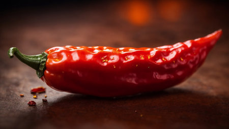 Red hot chili pepper on a wooden background. Selective focus.の素材
