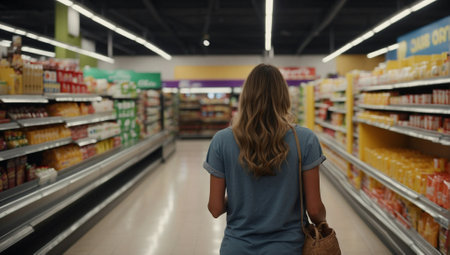 Rear view of a young woman looking at shelves in a supermarketの素材
